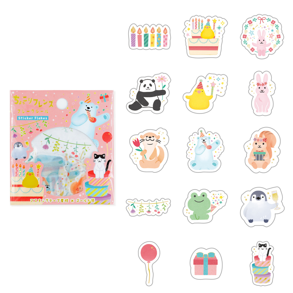 Hyokkori Animal Birthday Sticker Flakes | Japanese Foil Planner & Journal Stickers by World Craft - product image