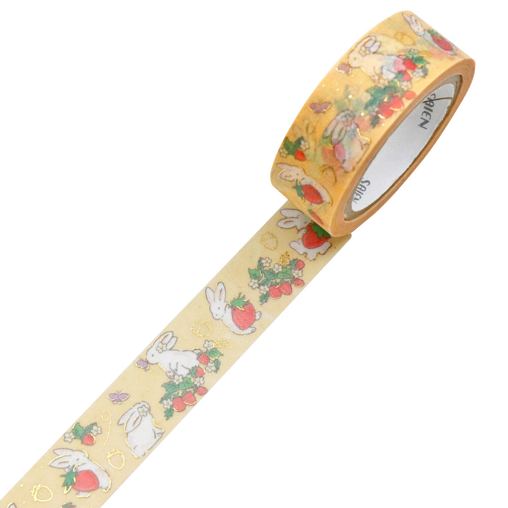 Saien Washi Tape Strawberry and Rabbit Gold Foil 15mm x 7m