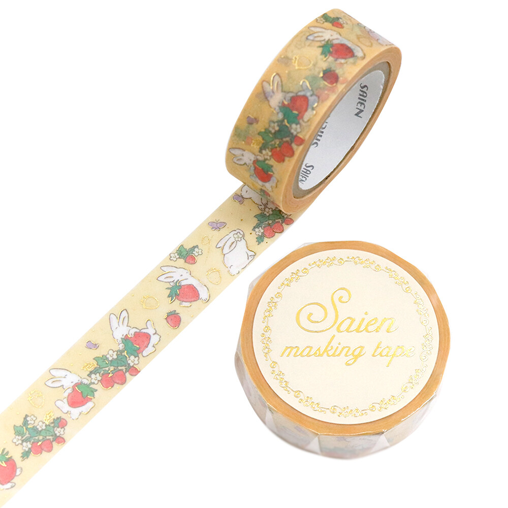 Saien Washi Tape Strawberry and Rabbit Gold Foil 15mm x 7m