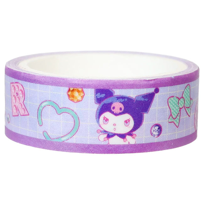 Roll of Sanrio Kuromi glow in the dark washi tape with purple grid, hearts and bows