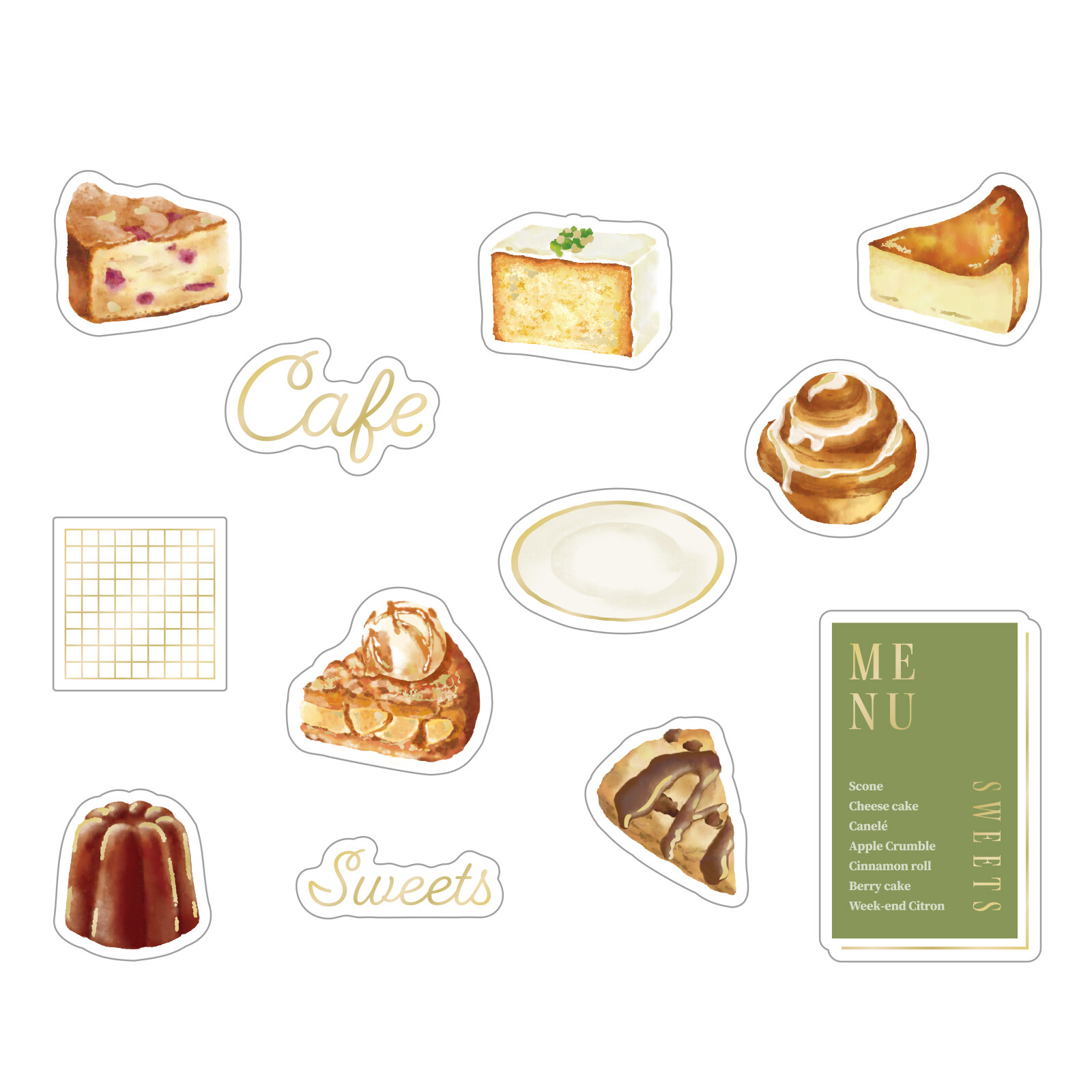 Cafe Sweets Gold Foil Flake Sticker Pack | 36 PET Planner & Journal Stickers